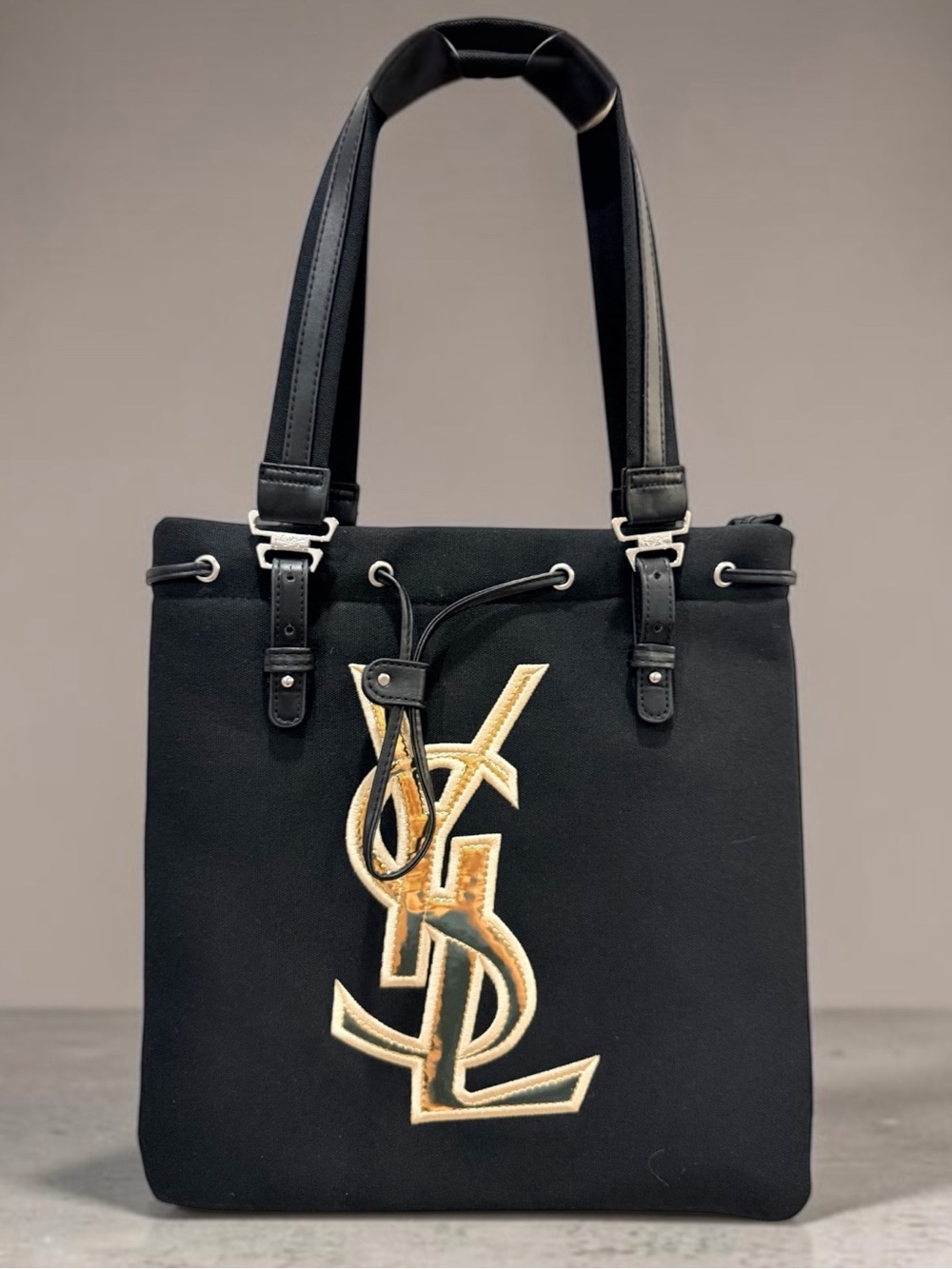 YSL Beauty Promotional Gift Black Canvas Tote Bag Gold Logo Drawstring GWP ~ NEW